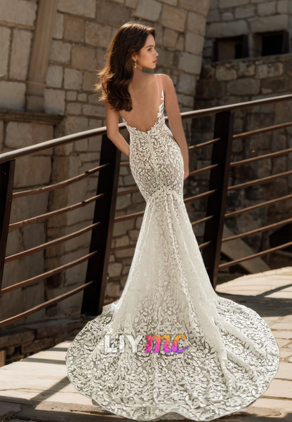 V-Neck Sleeveless Lace Appliques Mermaid Wedding Dress