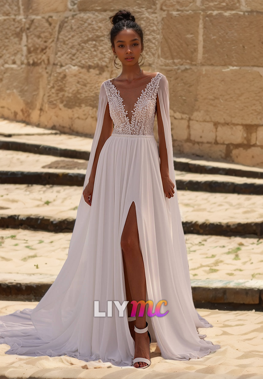 V-Neck Sleeveless Lace Appliques Pleated A-Line Beach Wedding Dress