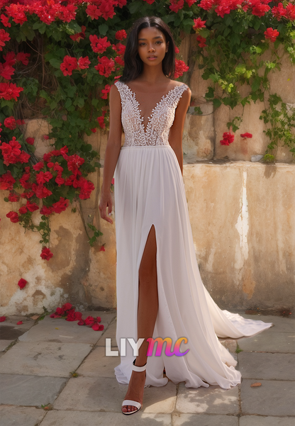 V-Neck Sleeveless Lace Appliques Pleated A-Line Beach Wedding Dress