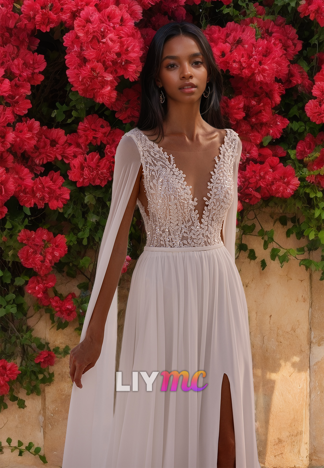 V-Neck Sleeveless Lace Appliques Pleated A-Line Beach Wedding Dress