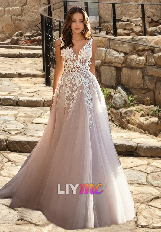 V-Neck Sleeveless Lace Appliques Pleated Tulle A-Line Wedding Dress