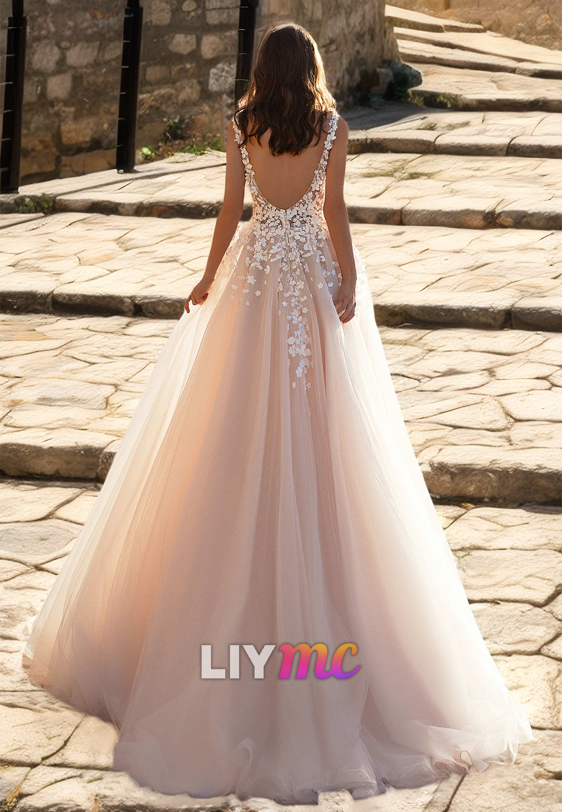 V-Neck Sleeveless Lace Appliques Pleated Tulle A-Line Wedding Dress