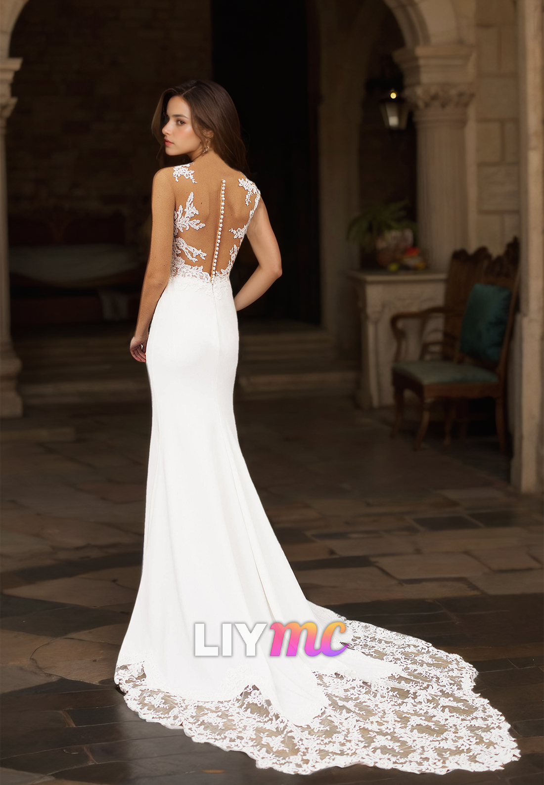 V-Neck Sleeveless Lace Appliques Sleek Mermaid Wedding Dress