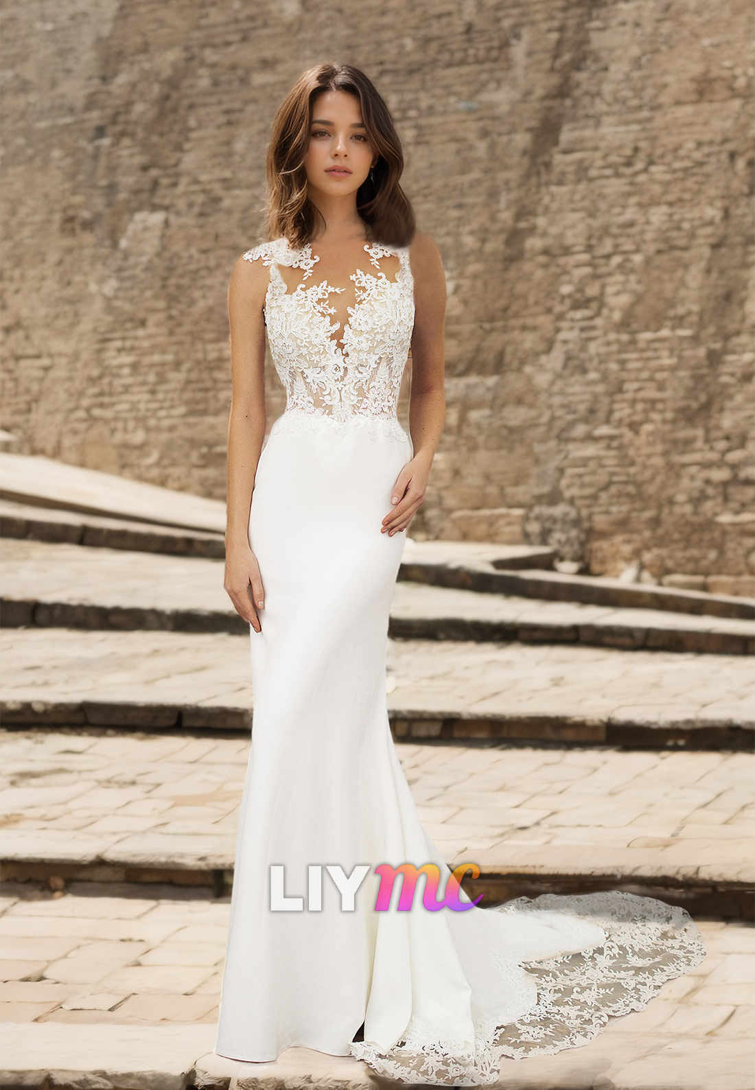 V-Neck Sleeveless Lace Appliques Sleek Mermaid Wedding Dress