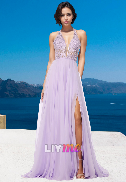 V-Neck Sleeveless Lace Appliques Tulle A-Line Prom Dress