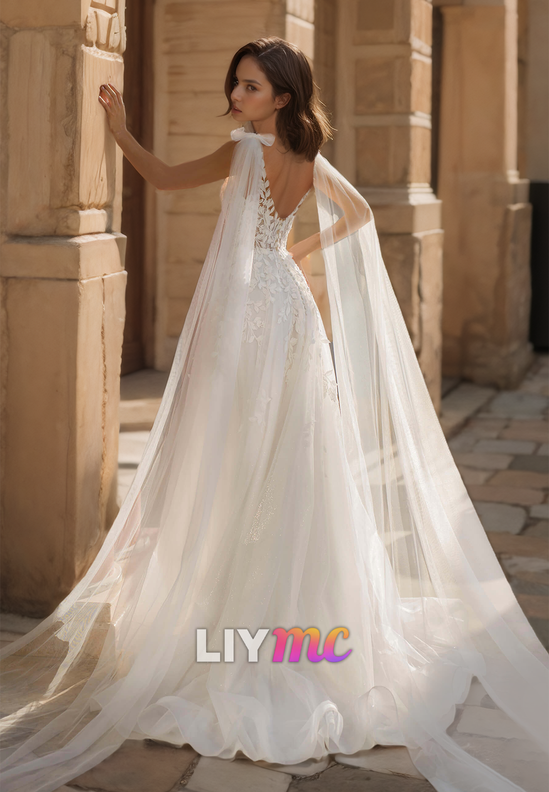 V-Neck Sleeveless Lace Appliques Tulle A-Line Wedding Dress