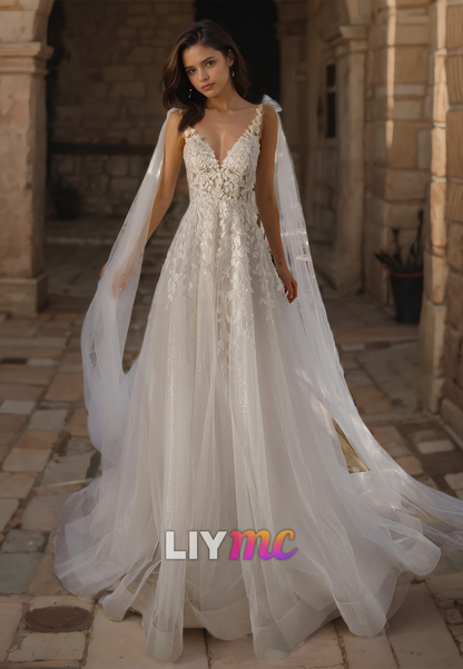 V-Neck Sleeveless Lace Appliques Tulle A-Line Wedding Dress