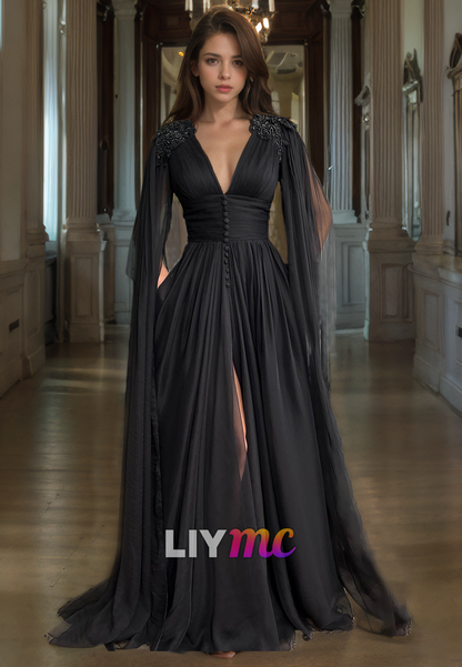 V-Neck Sleeveless Long Sleeves Chiffon A-Line Prom Dress