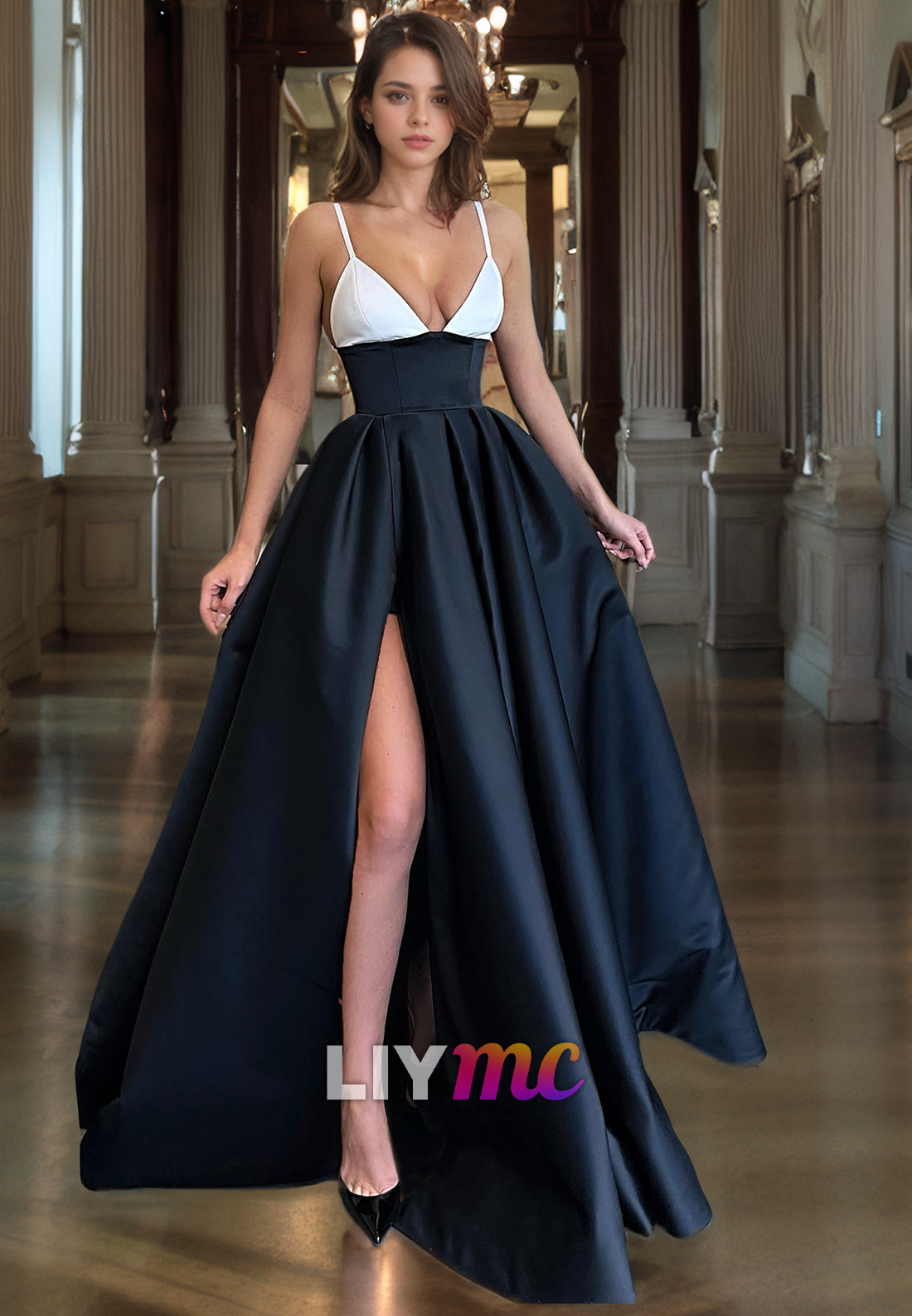 V-Neck Sleeveless Pleated A-Line High Slit Prom Dress