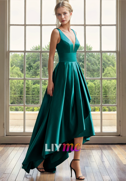 M1293 - V-Neck Sleeveless Sleek Satin Pleated A-Line Mother of Bride Dress Cocktail Dress