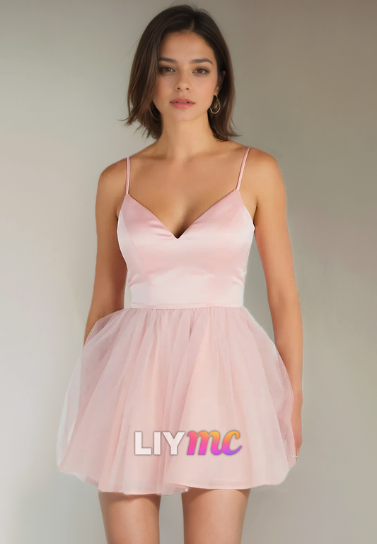 V-Neck Sleeveless Pleated A-Line Short Homecoming Dress