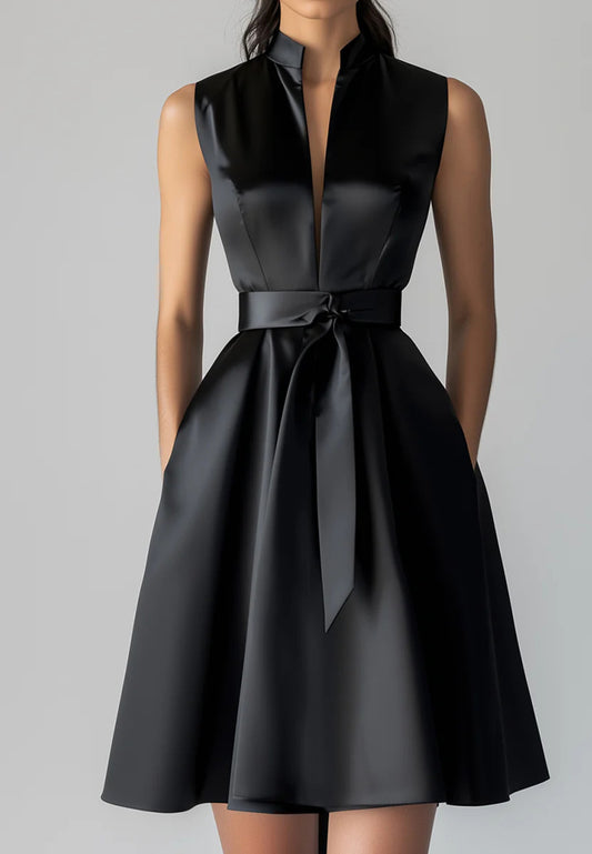 V-Neck Sleeveless Pleated A-Line Short Work Dress