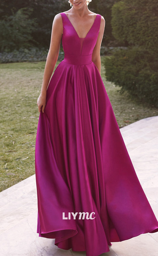 M1283 - V-Neck Sleeveless Pleated A-Line Sleek Satin Cocktail Dress Mother of Bride Dress