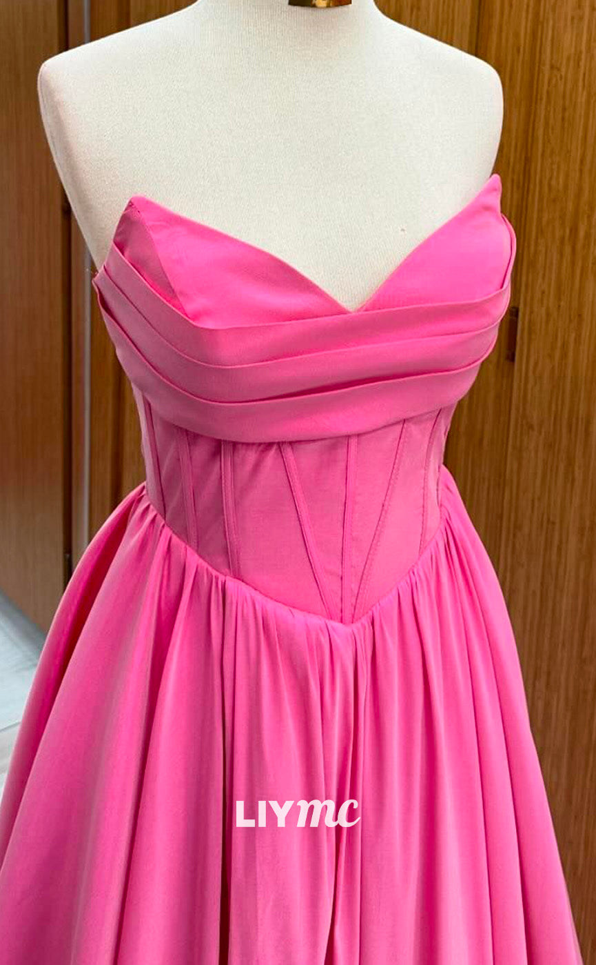 LP2247 - V-Neck Sleeveless Pleated A-Line Sleek Satin Cocktail Dress Prom Dress