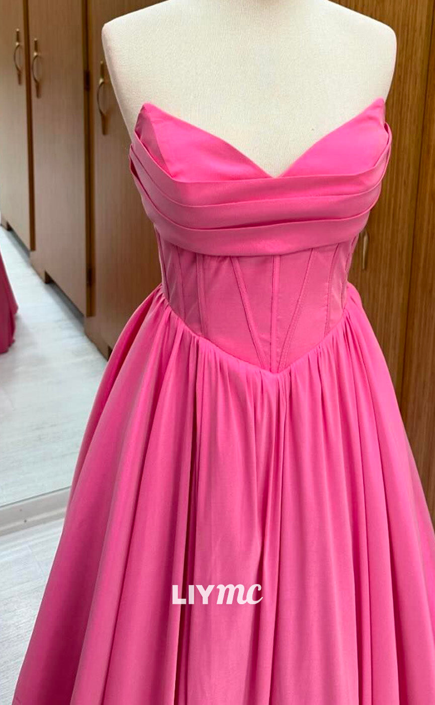 LP2247 - V-Neck Sleeveless Pleated A-Line Sleek Satin Cocktail Dress Prom Dress