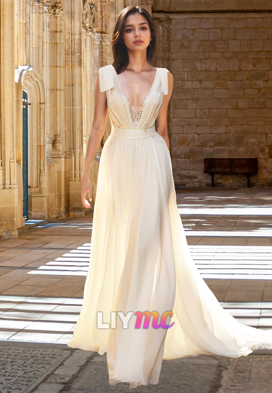 V-Neck Sleeveless Pleated Appliques Backless A-Line Wedding Dress