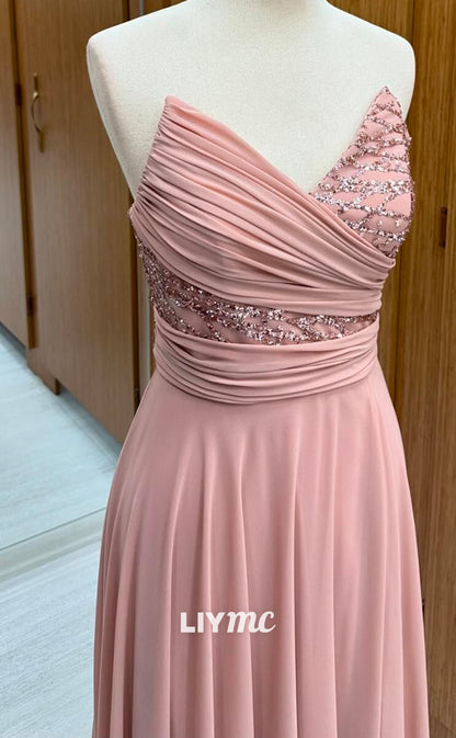 LP2250 - V-Neck Sleeveless Pleated Appliques Sleek Satin Cocktail Dress Prom Dress