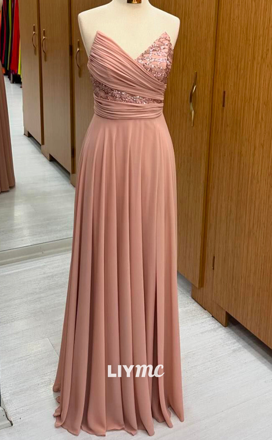 LP2250 - V-Neck Sleeveless Pleated Appliques Sleek Satin Cocktail Dress Prom Dress