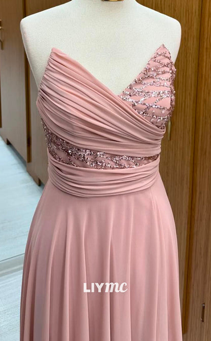 LP2250 - V-Neck Sleeveless Pleated Appliques Sleek Satin Cocktail Dress Prom Dress