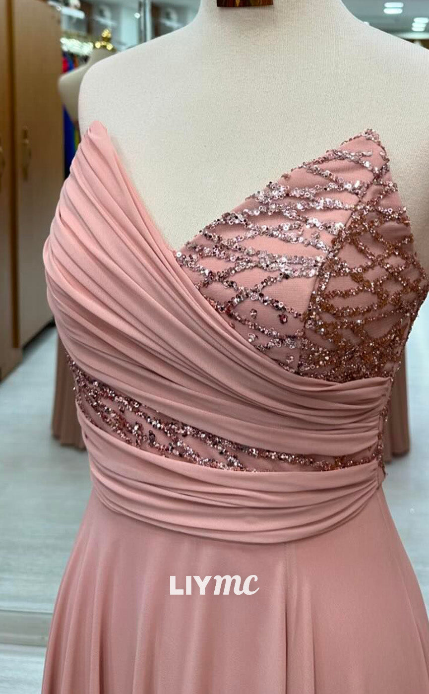 LP2250 - V-Neck Sleeveless Pleated Appliques Sleek Satin Cocktail Dress Prom Dress