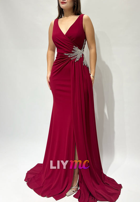 V-Neck Sleeveless Pleated Beaded Sheath Red Evening Dress