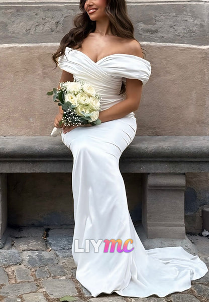 V-Neck Sleeveless Pleated Mermaid Simple Wedding Dress
