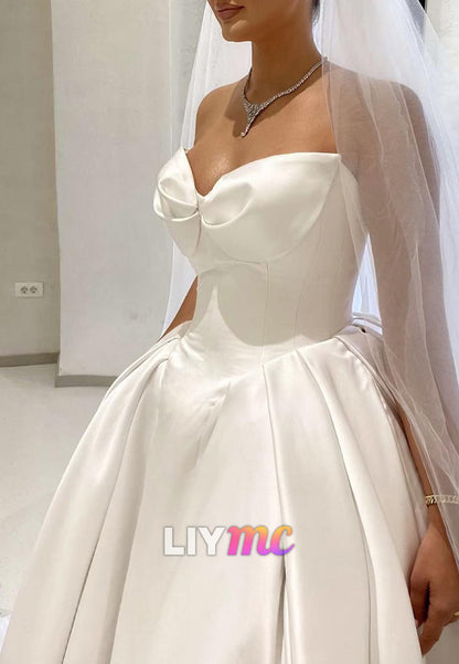 V-Neck Sleeveless Pleated Satin A-Line Wedding Dress