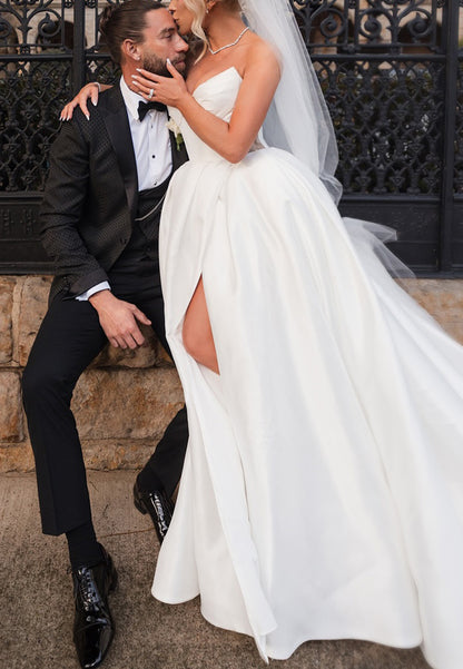 V-Neck Sleeveless Pleated Side Slit A-Line Satin Wedding Dress