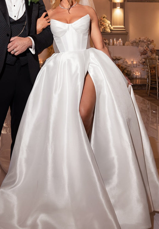 V-Neck Sleeveless Pleated Side Slit A-Line Satin Wedding Dress