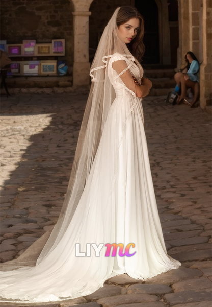 V-Neck Sleeveless Pleated Side Slit Pleated A-Line Beach Wedding Dress