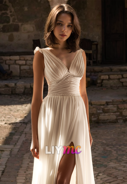 V-Neck Sleeveless Pleated Side Slit Pleated A-Line Beach Wedding Dress