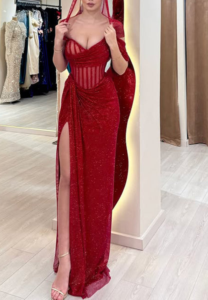 V-Neck Sleeveless Pleated Side Slit Sparkly Sheath Prom Dress