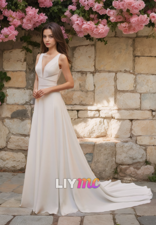 V-Neck Sleeveless Pleated Sleek A-Line Beach Wedding Dress