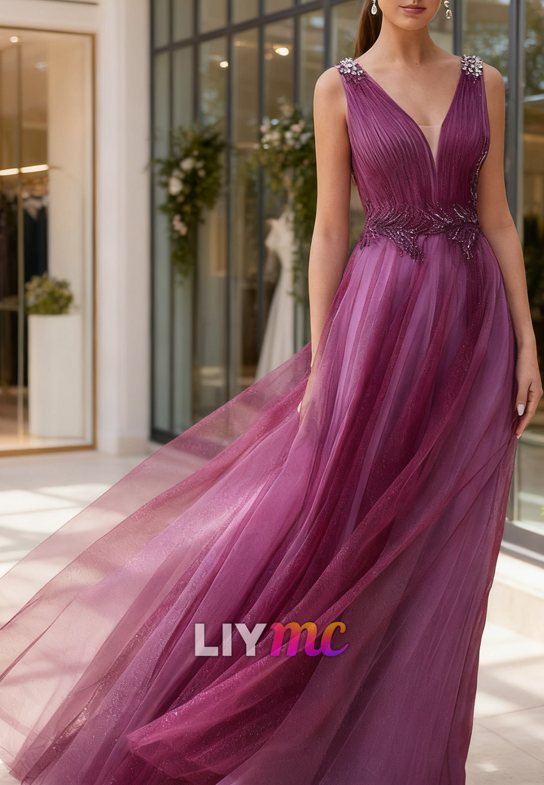 V-Neck Sleeveless Pleated Tulle A-Line Mother of Bride Dress