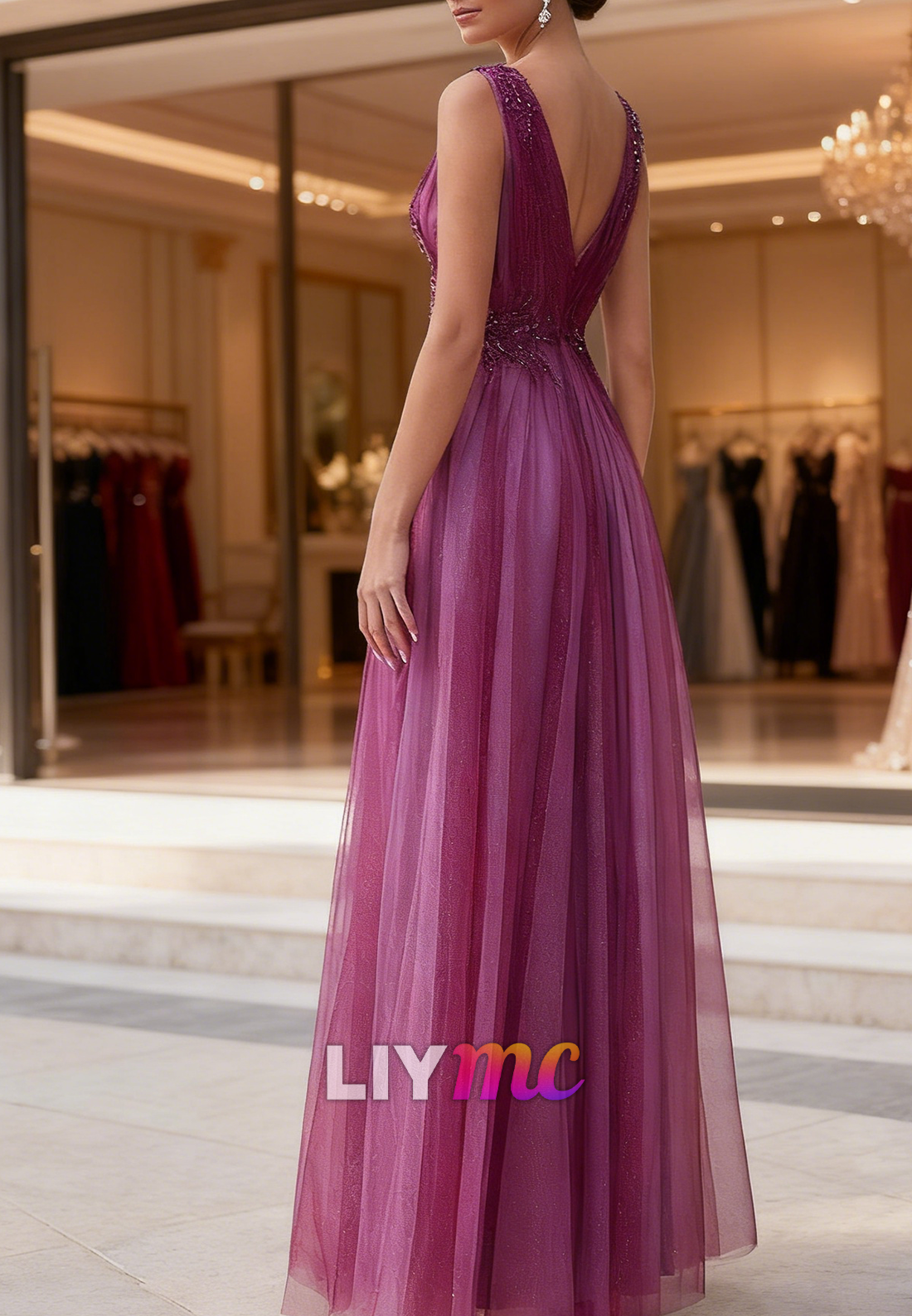 V-Neck Sleeveless Pleated Tulle A-Line Mother of Bride Dress