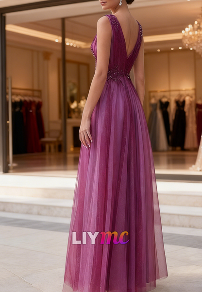 V-Neck Sleeveless Pleated Tulle A-Line Mother of Bride Dress