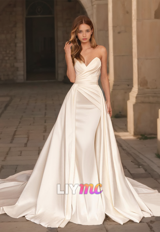 V-Neck Sleeveless Ruched Mermaid Sweep Train Wedding Dress