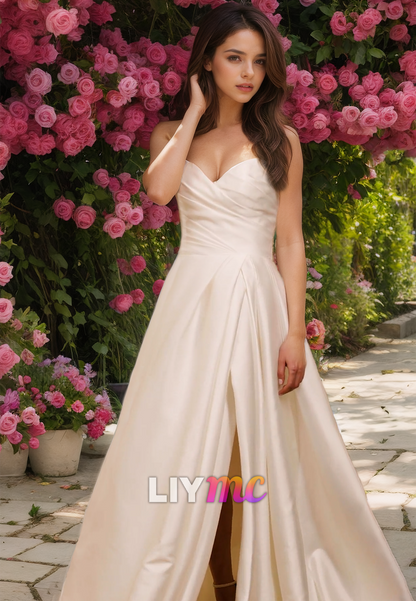 V-Neck Sleeveless Ruched Pleated Sleek Satin A-Line Wedding Dress