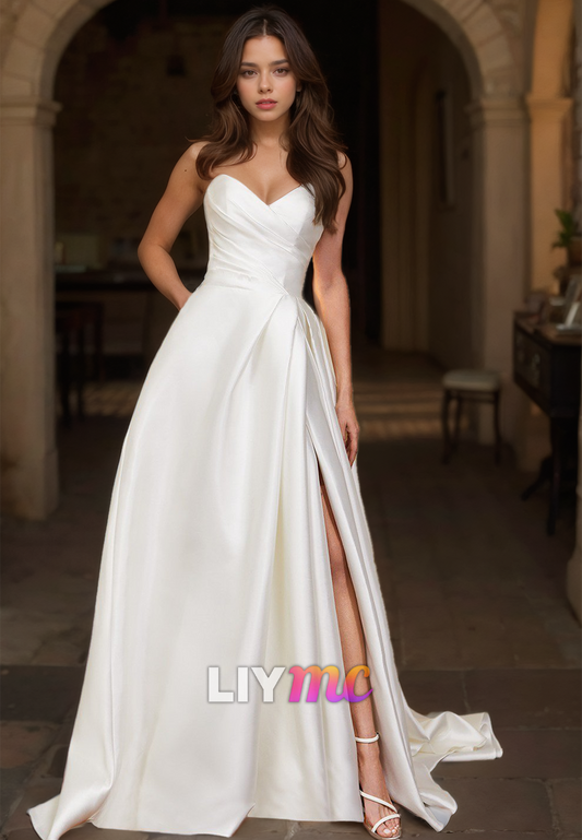 V-Neck Sleeveless Ruched Pleated Sleek Satin A-Line Wedding Dress