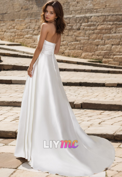 V-Neck Sleeveless Ruched Pleated Sleek Satin A-Line Wedding Dress