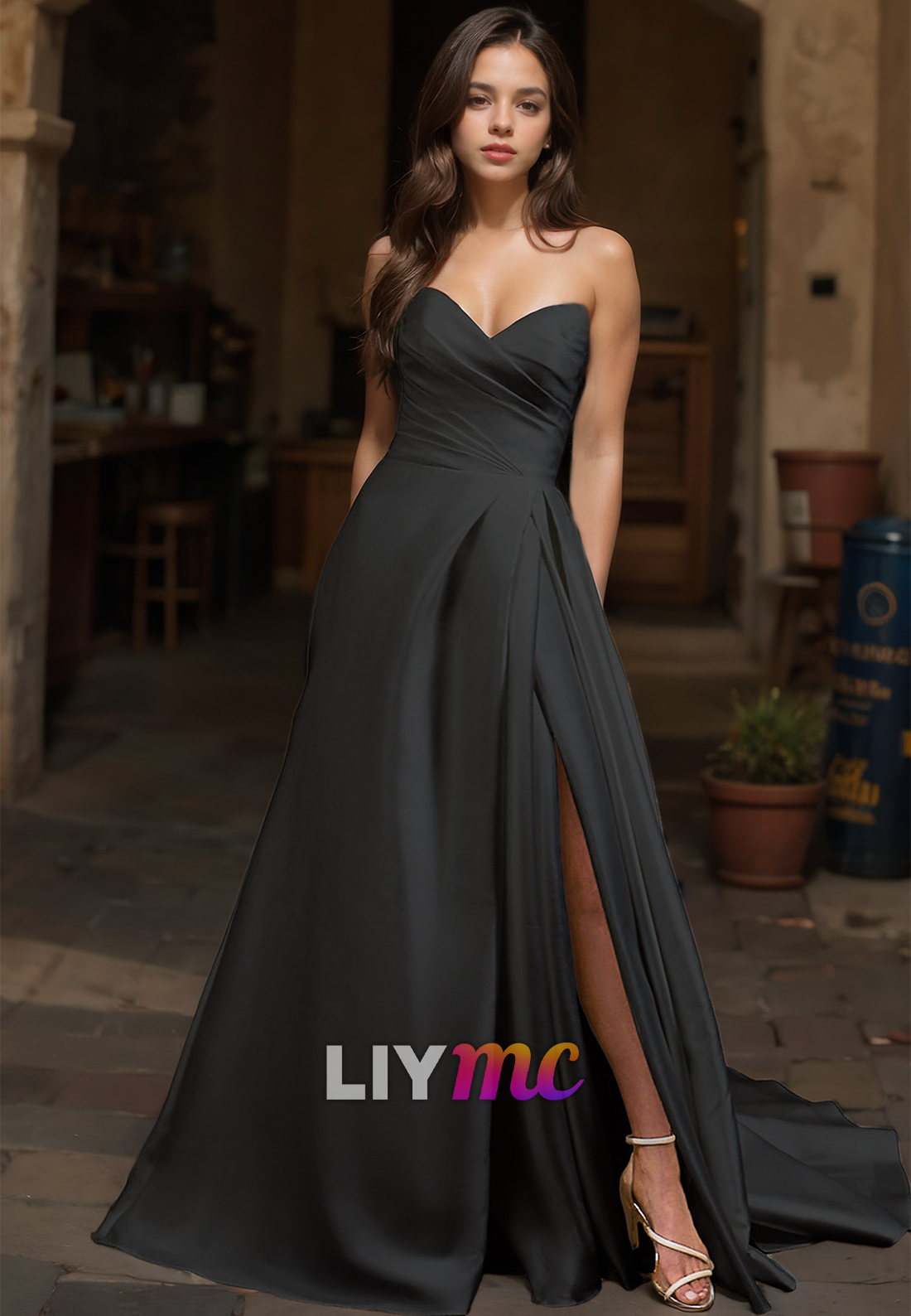 V-Neck Sleeveless Ruched Pleated Sleek Satin A-Line Wedding Dress