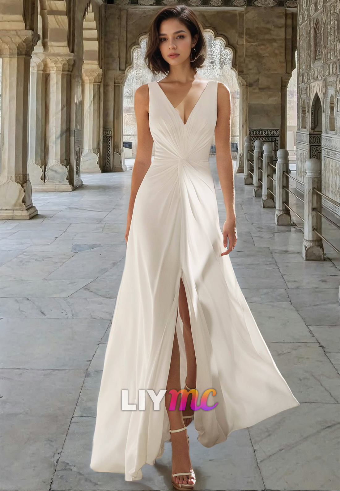 V-Neck Sleeveless Ruched Sheath Beach Wedding Dress