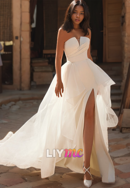 V-Neck Sleeveless Ruched Side Slit Removable Train Beach Wedding Dress