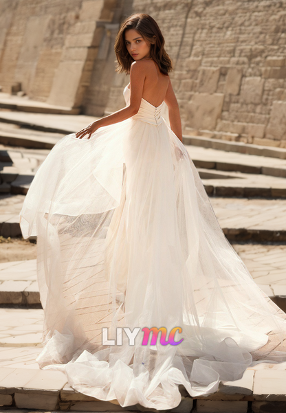 V-Neck Sleeveless Ruched Side Slit Removable Train Beach Wedding Dress