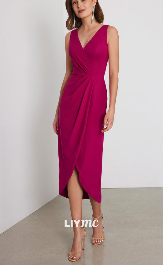 M1270 - V-Neck Sleeveless Ruched Sleek Satin Mother of Bride Dress Cocktail Dress