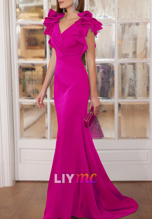 V-Neck Sleeveless Ruffled Mermaid Evening Dress