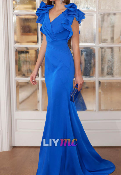 V-Neck Sleeveless Ruffled Mermaid Evening Dress