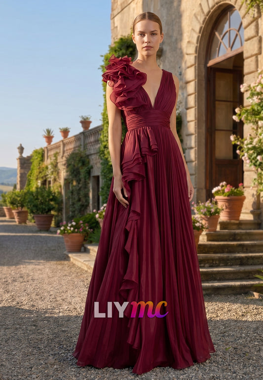 V-Neck Sleeveless Ruffles A-Line Evening Dress