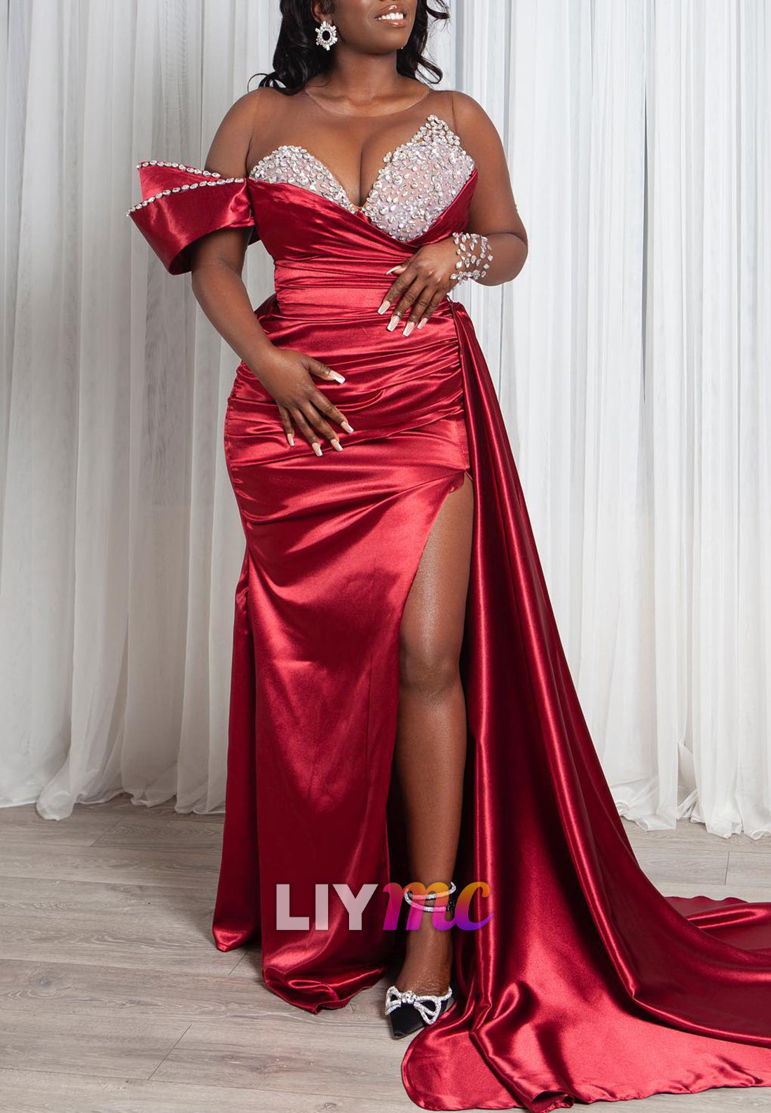 V-Neck Sleeveless Satin Beaded Sheath Prom Dress