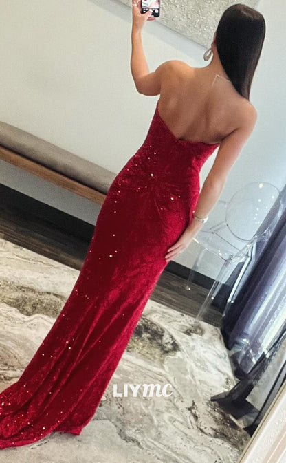 LP1402 - V-Neck Sleeveless Seques Draped Side Slit Burgundy Prom Dress